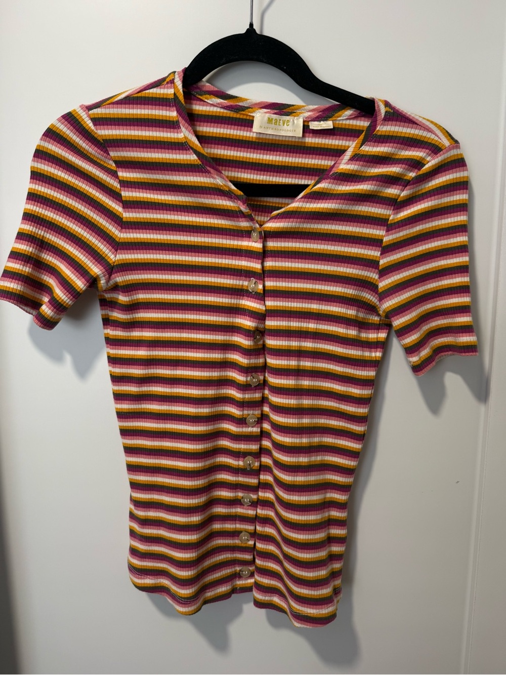 Anthropologie Maeve Striped Ribbed Tee in Pink, Mustard & Green